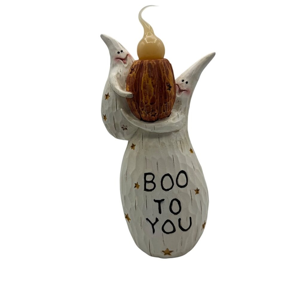 Hand-Painted Boo To You Ghost Figurine LED Candle Holder For Halloween Decor
